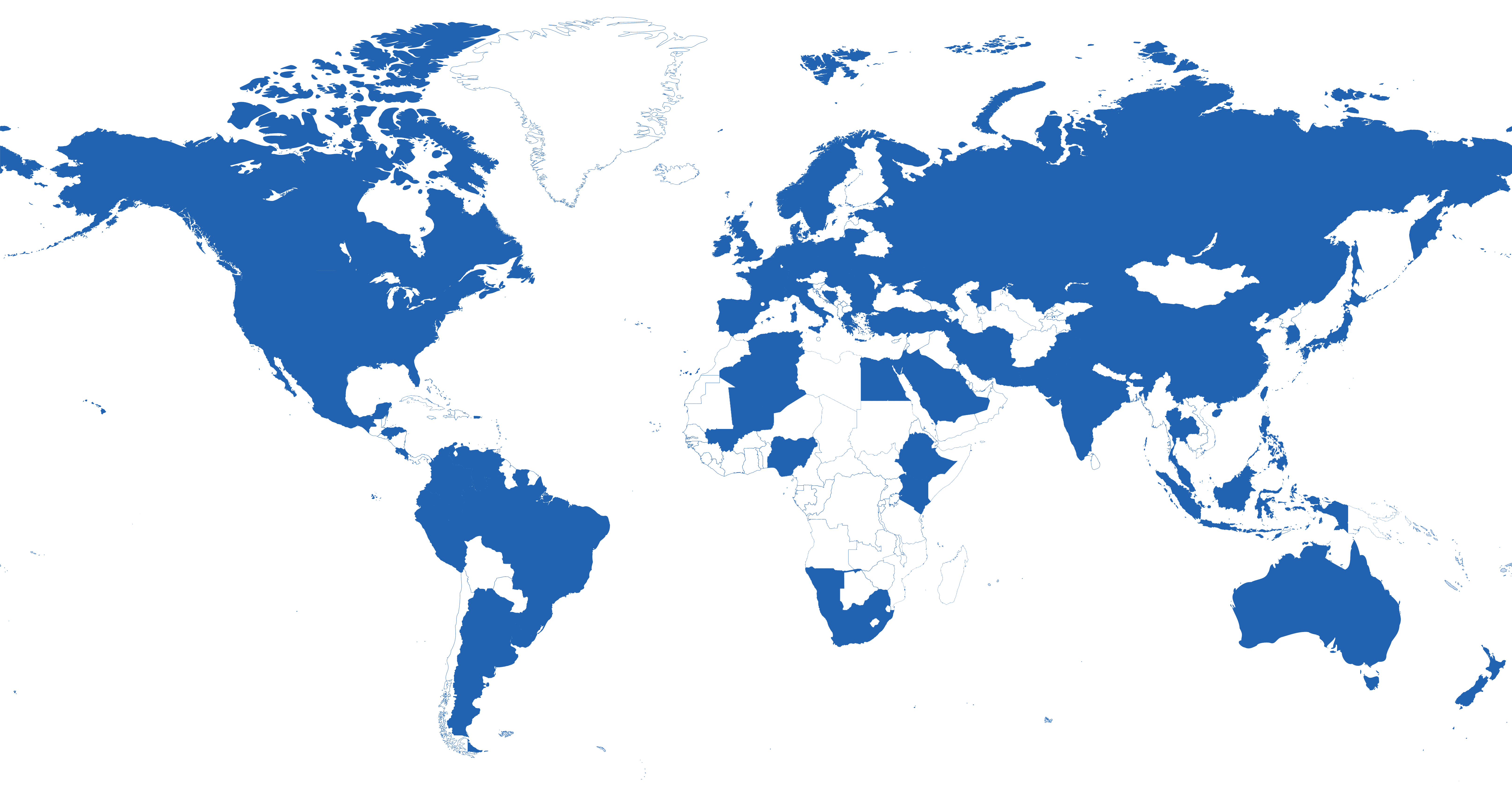 world map with countries coloured blue if Rosemary has provided an executive from that culture with intercultural coaching and training